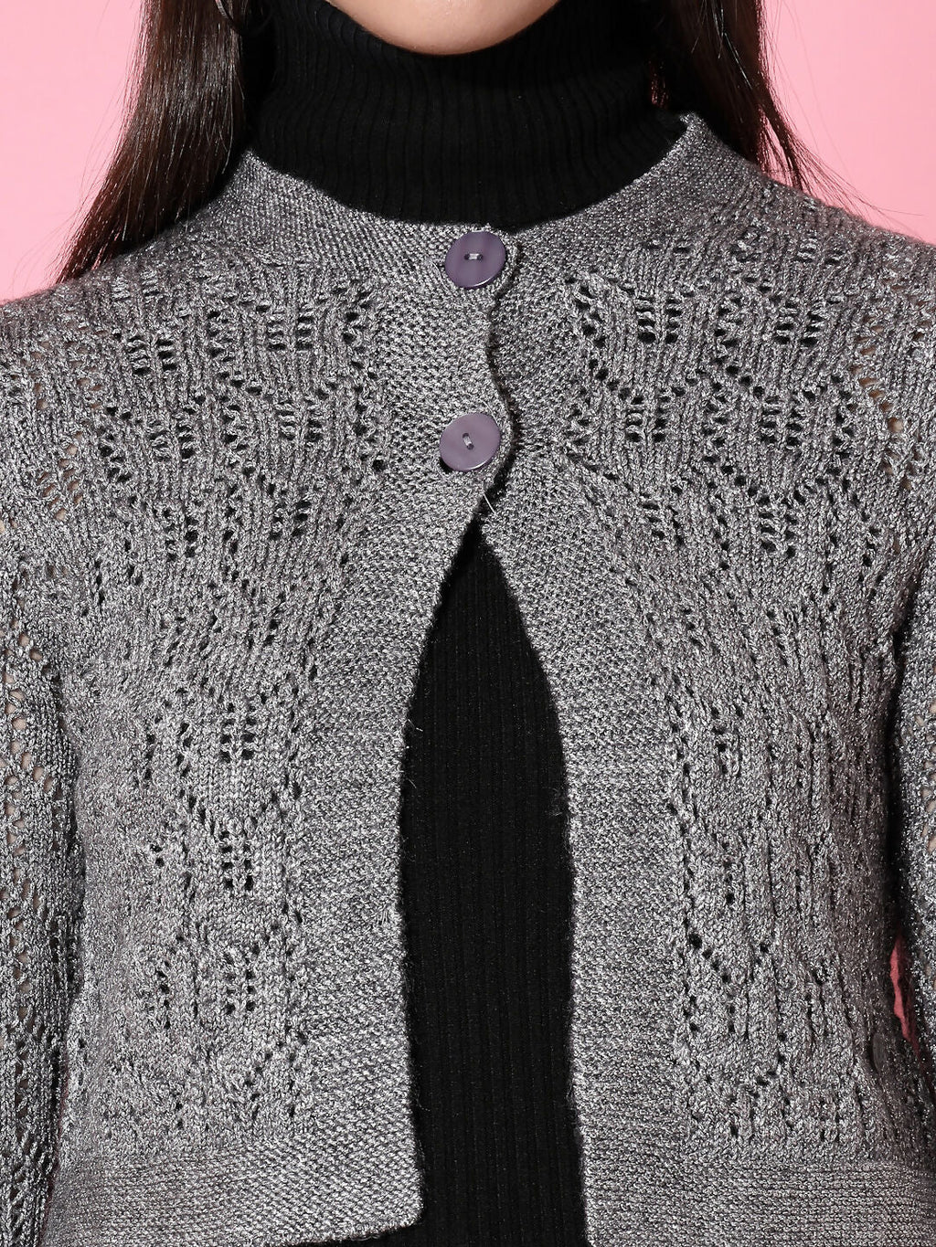Women Self Design Grey Acrylic Winter Shrug - Wool Trees | Grocsy