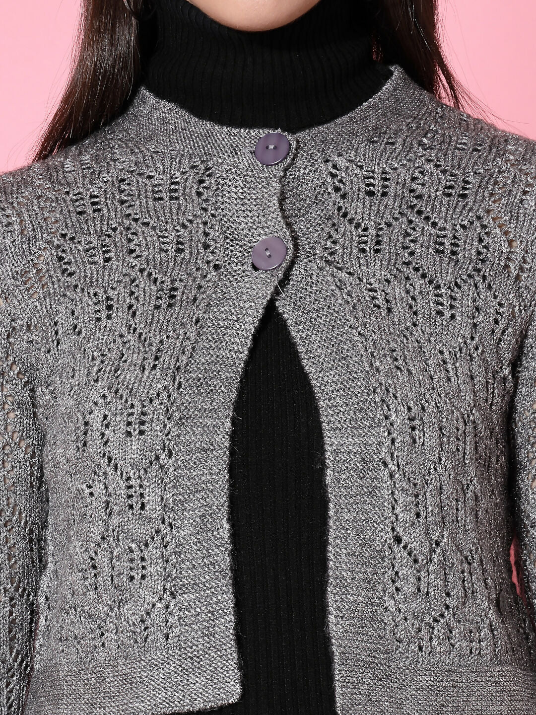 Women Self Design Grey Acrylic Winter Shrug - Wool Trees | Grocsy