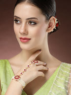NVR Women's Red Gold-Polished Stone Studded Handcrafted Ring Bracelet | Grocsy