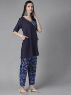 Ahalyaa Women Navy Blue Rayon Wax Printed Angrakha Gotta Patti Tunic With Trousers | Grocsy