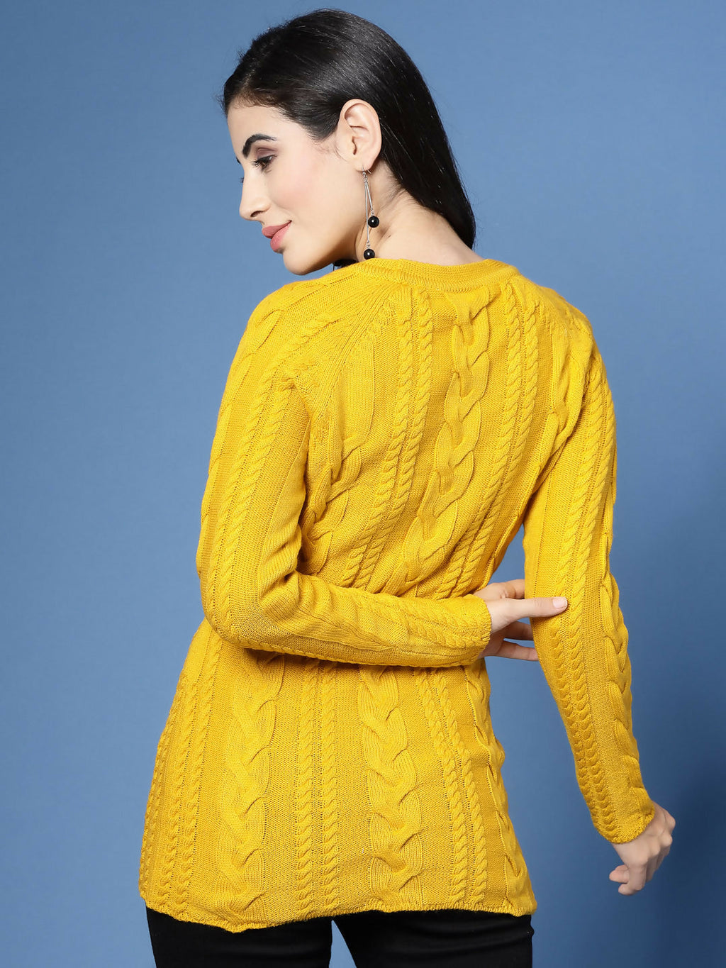Women Mustard Acrylic Self Design Winter Dress - Wool Trees | Grocsy