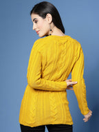 Women Mustard Acrylic Self Design Winter Dress - Wool Trees | Grocsy