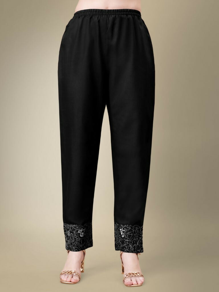 Jyoti Fashion Women's Black Cotton Blend Embroidery & Fancy Lace work Kurta with Trouser & Dupatta | Grocsy