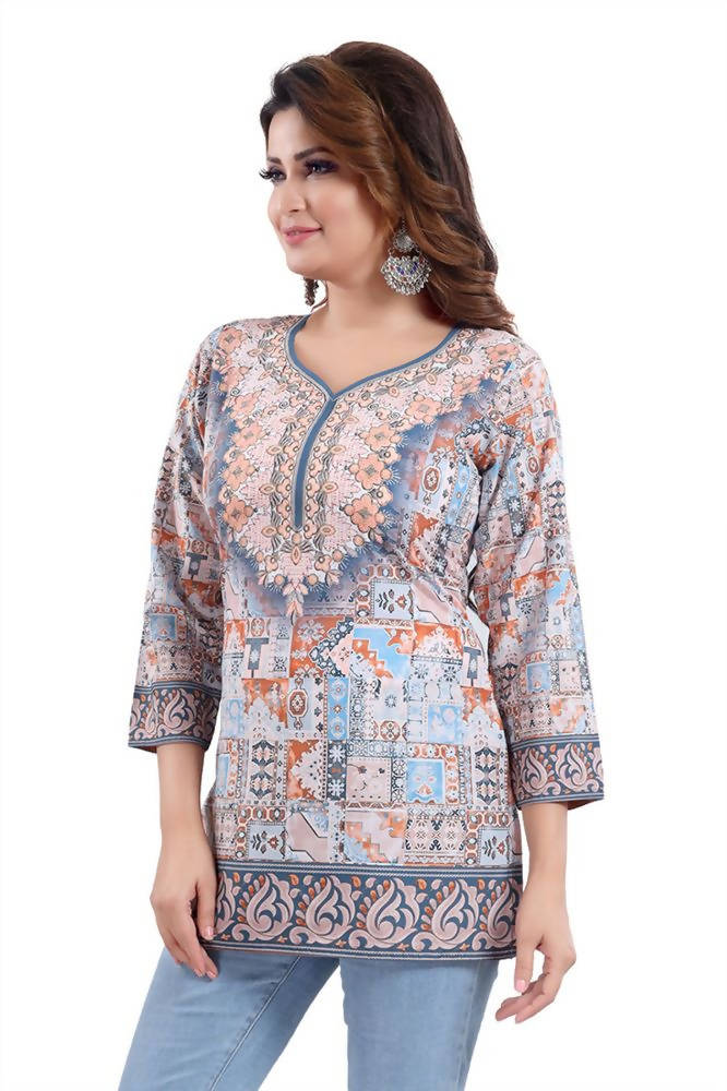 Snehal Creations Phenomenal Blue Faux Crepe Printed Tunic Top | Grocsy