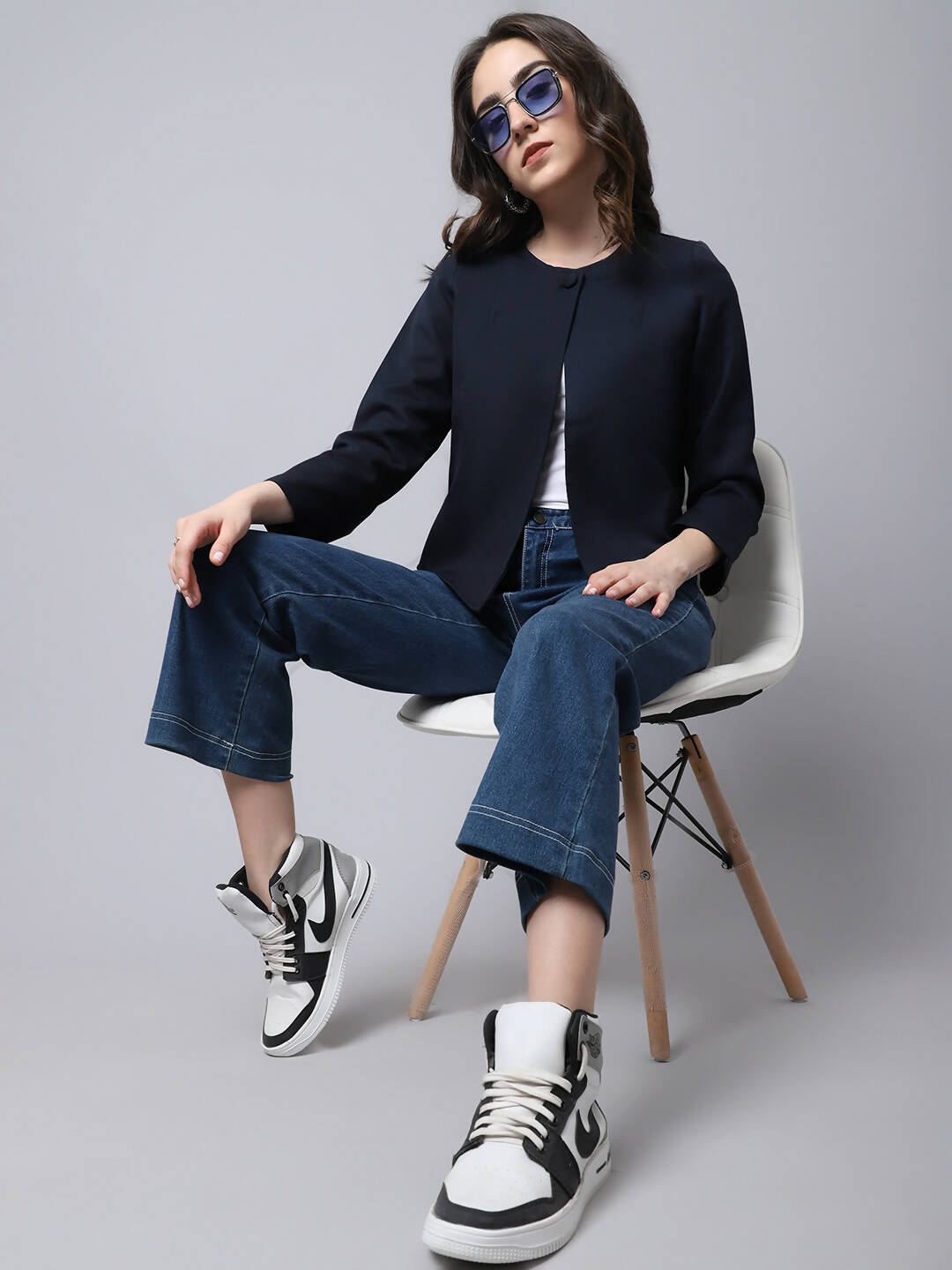 Even Apparels Navy Polywool Open Front Statement Women's Jacket | Grocsy