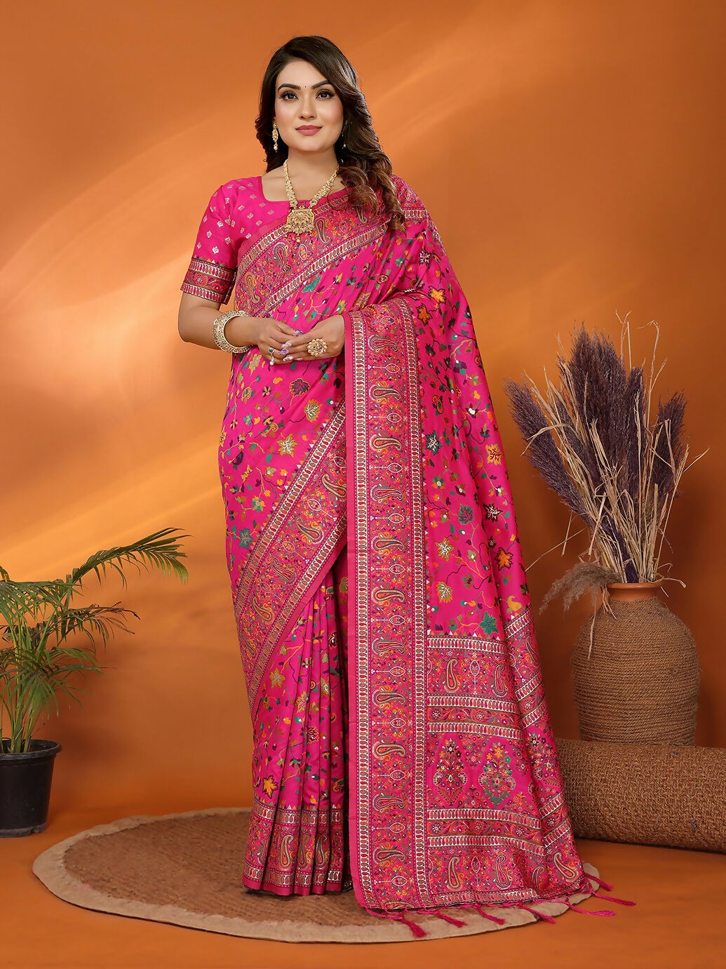 Joban Fashion Pink Meena Weaves Pashmina Sarees | Grocsy