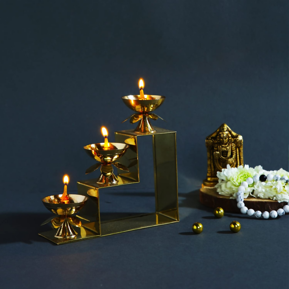CraftVatika Brass Lotus Diya Oil Puja Lamp Piller Stand 3 Step Diya | Grocsy