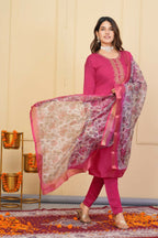 Red Viscose Chanderi Embroidered Stitched Suit With Dupatta - Tanisha | Grocsy