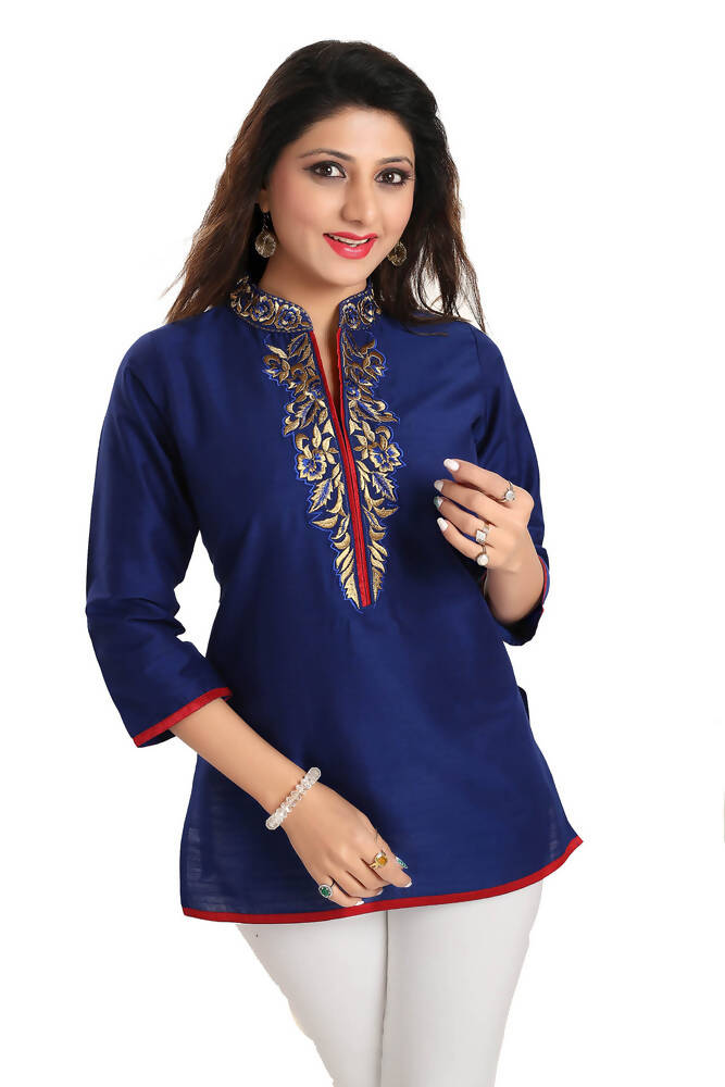 Snehal Creations Regal Affair Royal Blue Raw Silk Short Tunic | Grocsy