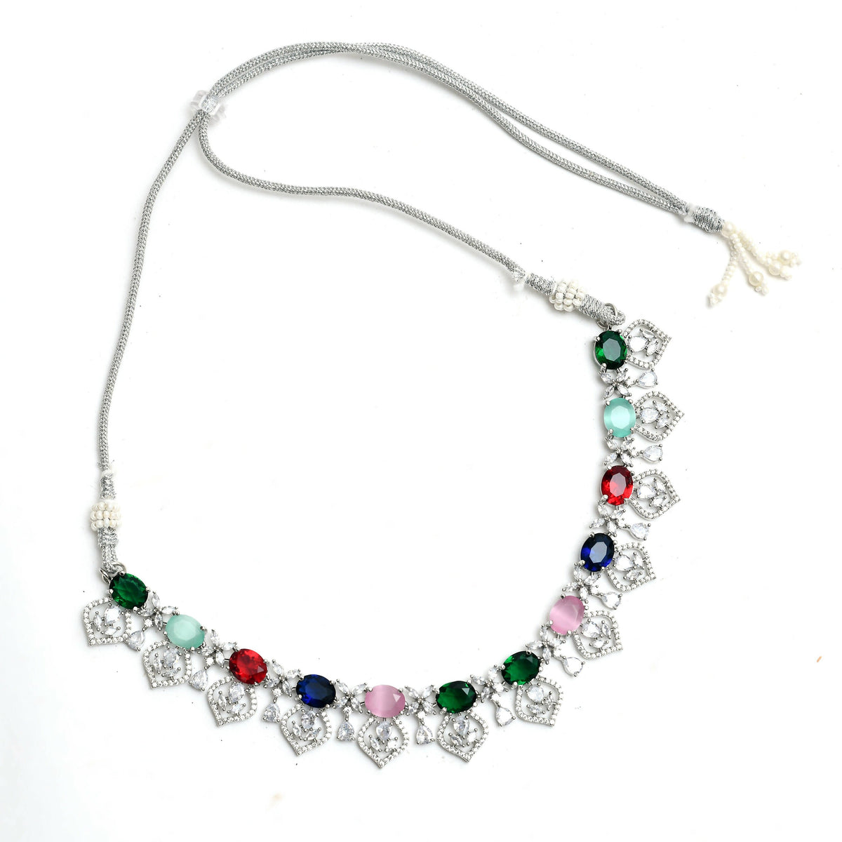 Mominos Fashion Johar Kamal Silver-Plated American Diamond Multi Colour Choker Set | Grocsy