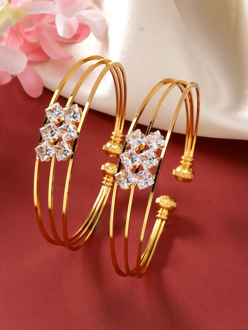 NVR Women's Set of 2 Gold-Polished CZ Stone-Studded Adjustable Bangles