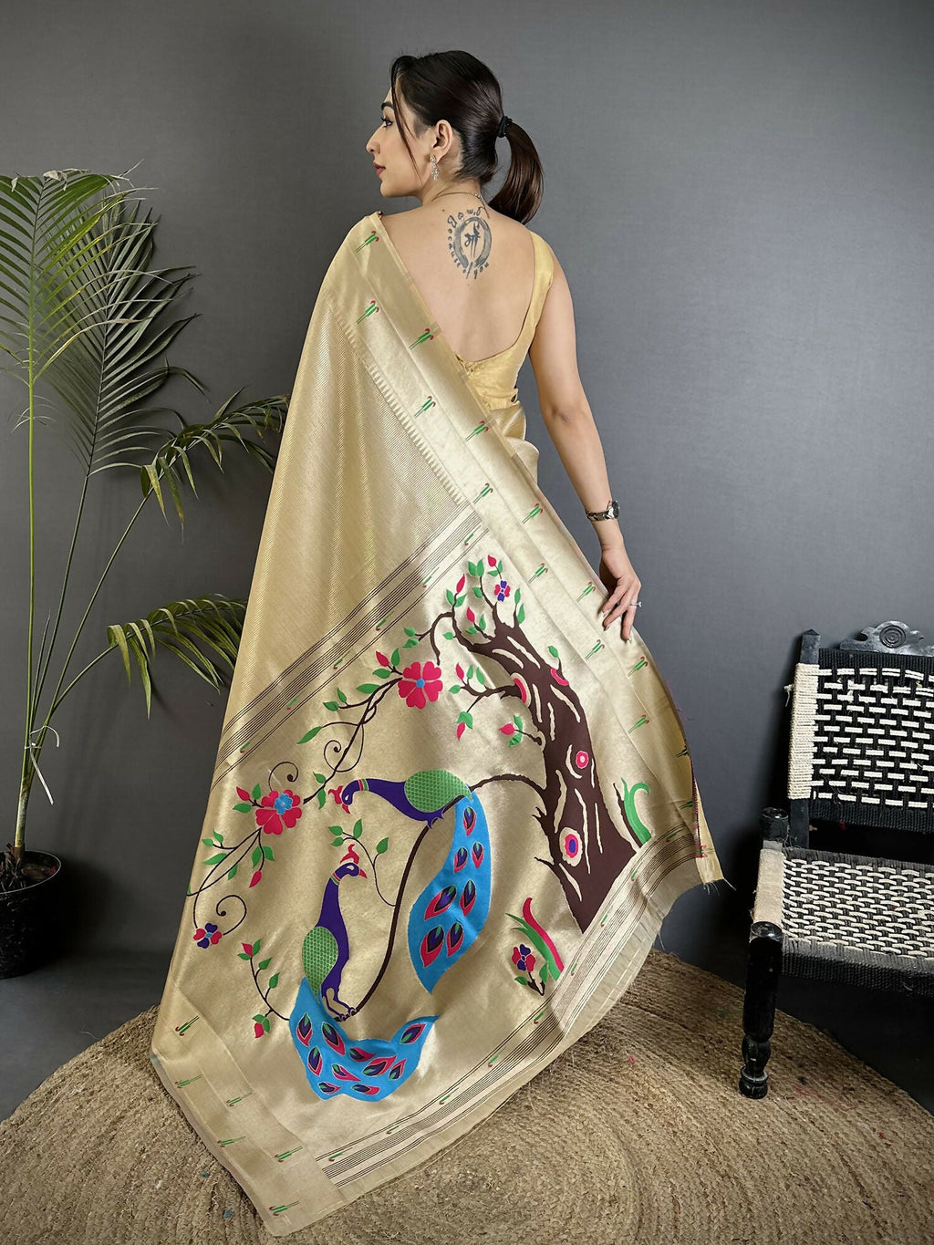 Joban Fashion Ivory Peacock & Floral Motifs Tissue Paithani Saree | Grocsy