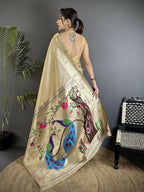 Joban Fashion Ivory Peacock & Floral Motifs Tissue Paithani Saree | Grocsy