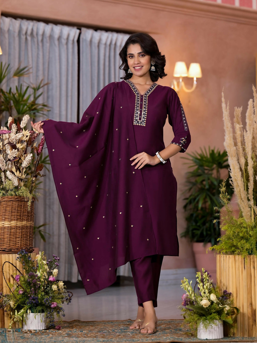 Juniper Women's Wine Thread Embroidered Viscose Kurta Pant And Dupatta Set With Sequins Work & Zari Work | Grocsy