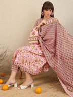 Indo Era Floral Printed Empire Pure Cotton A-Line Kurta With Trousers & Dupatta | Grocsy