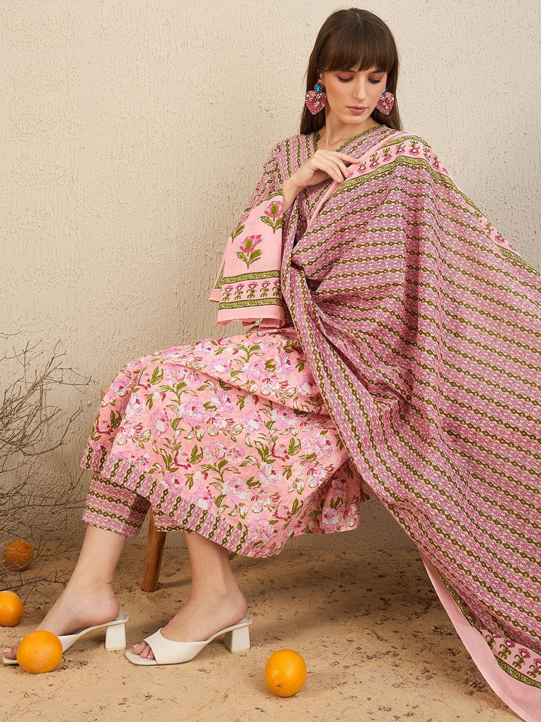 Indo Era Floral Printed Empire Pure Cotton A-Line Kurta With Trousers & Dupatta | Grocsy