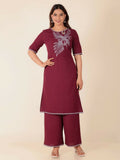 Aramya Maroon Linen Cotton Solid Straight Kurta for Women | Grocsy