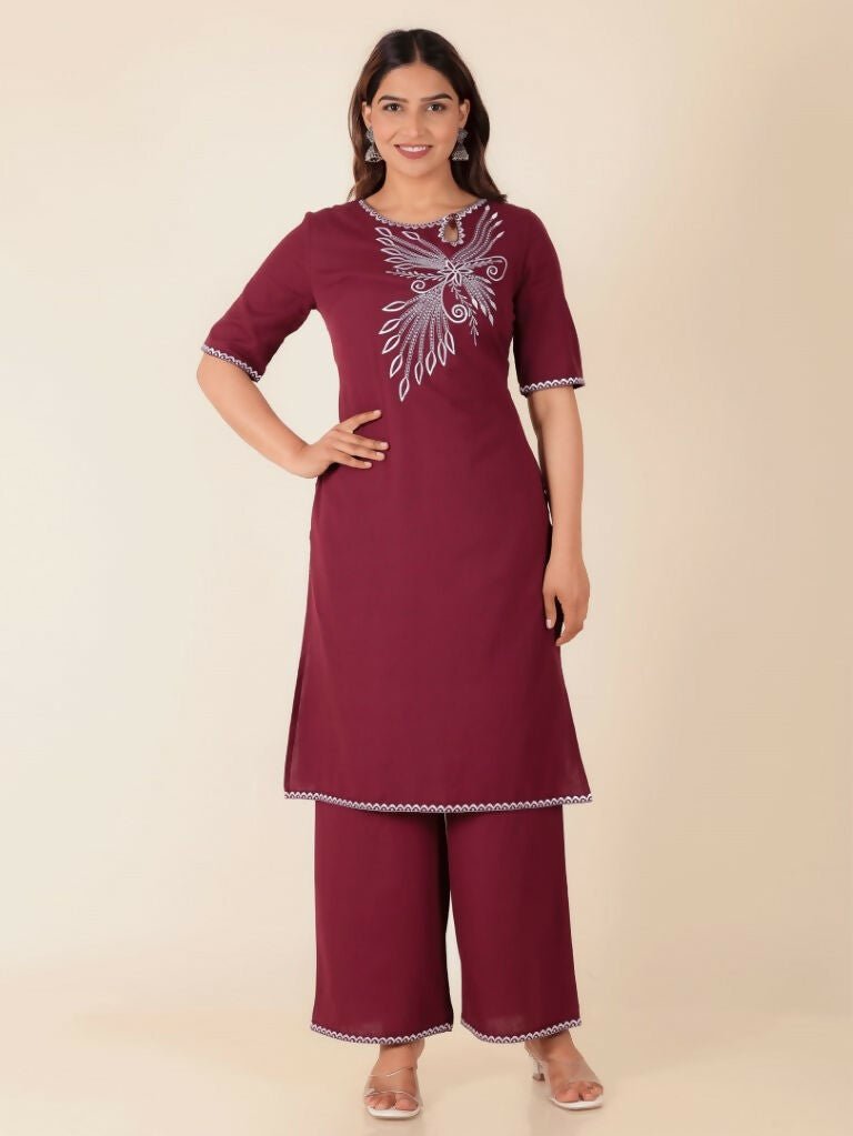 Aramya Maroon Linen Cotton Solid Straight Kurta for Women | Grocsy