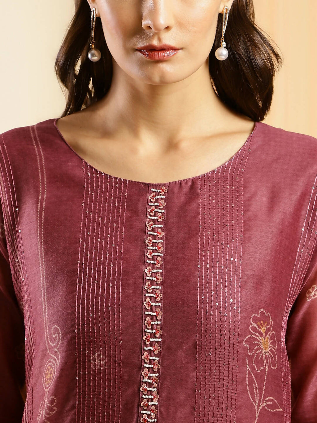 Maroon Chinon Digital Printed With Hand Work Kurta - Himanshi | Grocsy