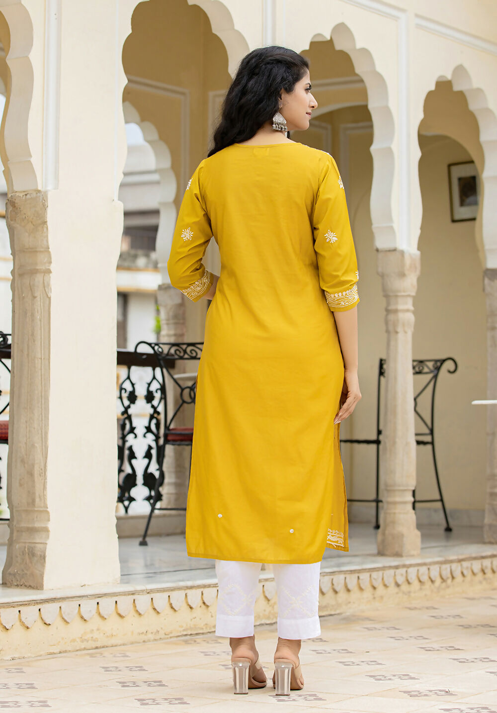 Kaajh Women's Mustard Chikhankari Embroidered Kurta Pant Set | Grocsy