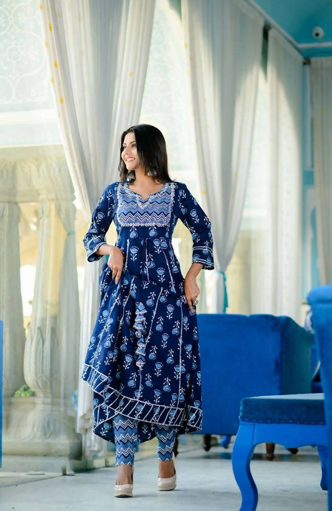 Yufta Women Blue Yoke Design Regular Pure Cotton Kurta with Trouser With Dupatta | Grocsy