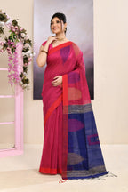 Piyari Fashion Women's Pink Temple Border Embellished Cotton Blend Jamdani Saree | Grocsy