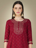 Jyoti Fashion Women's Maroon Cotton Magic Slub Embroidery & Sequence work Kurta with Trouser & Dupatta | Grocsy