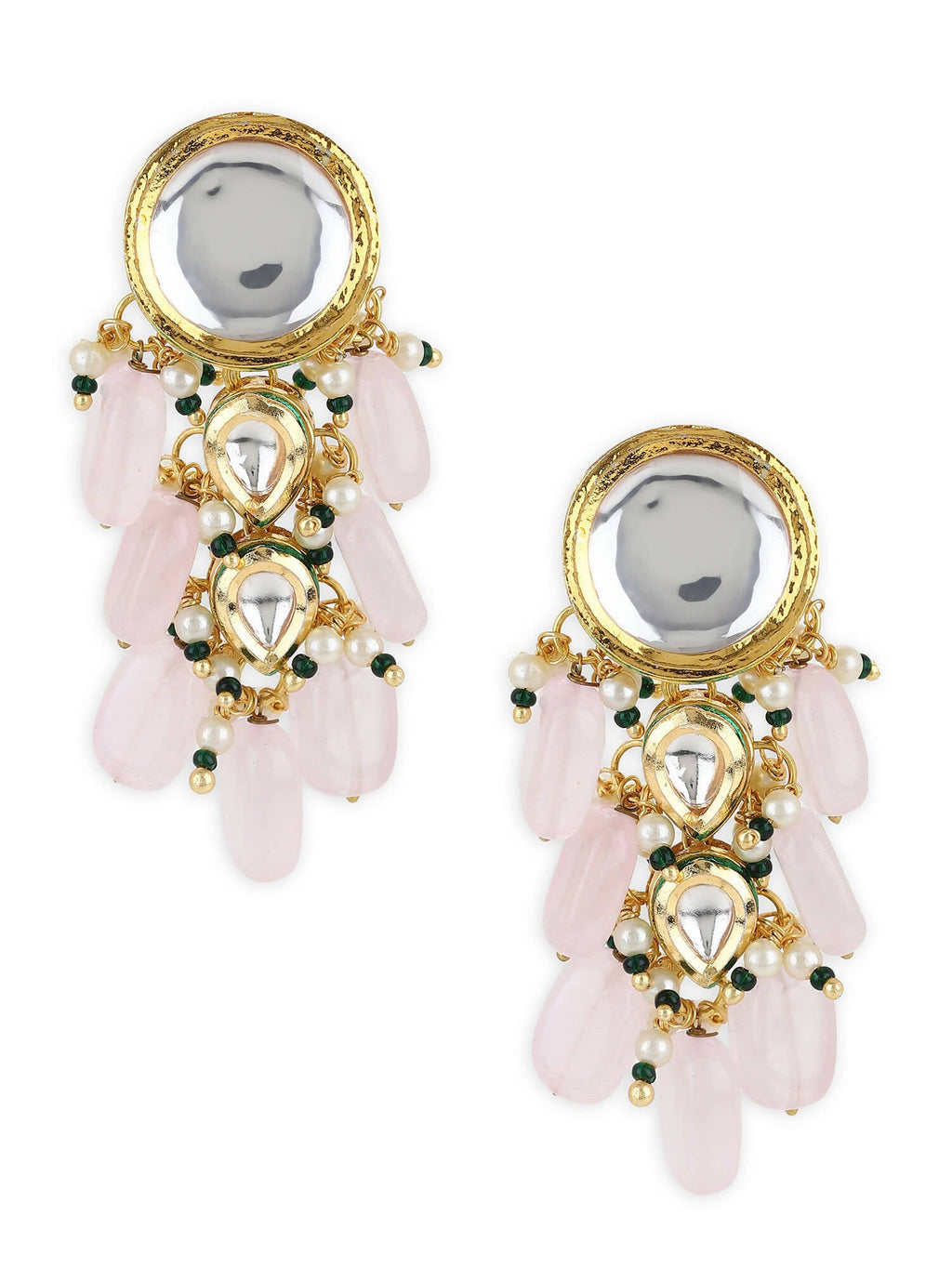 Gold-Toned White Kundan Contemporary Gold-Polished Drop Earrings - Ruby Raang | Grocsy