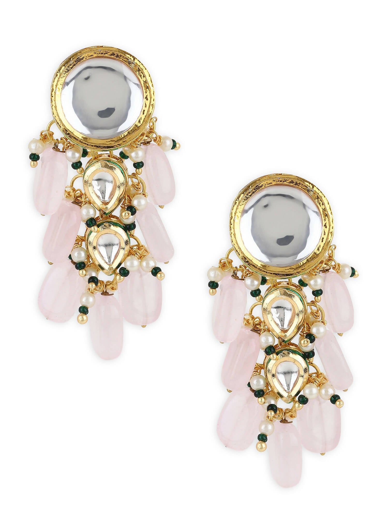 Gold-Toned White Kundan Contemporary Gold-Polished Drop Earrings - Ruby Raang | Grocsy