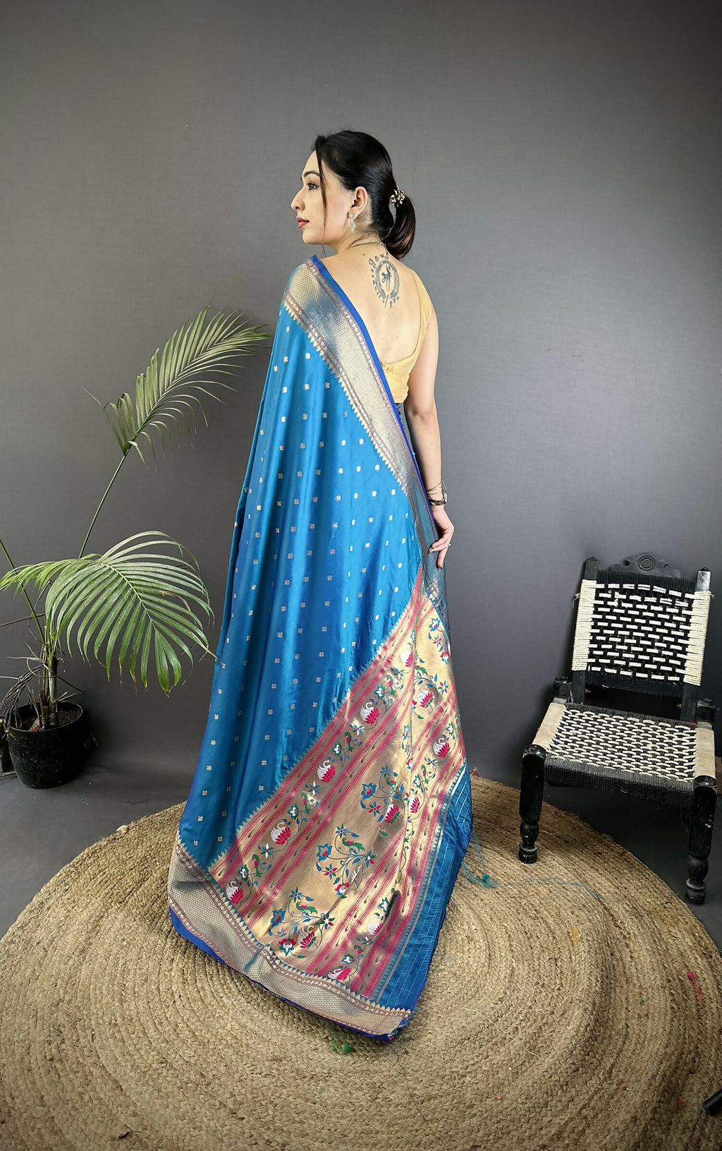Joban Fashion Blue Butti Woven Soft Lichi Silk Paithani Saree | Grocsy