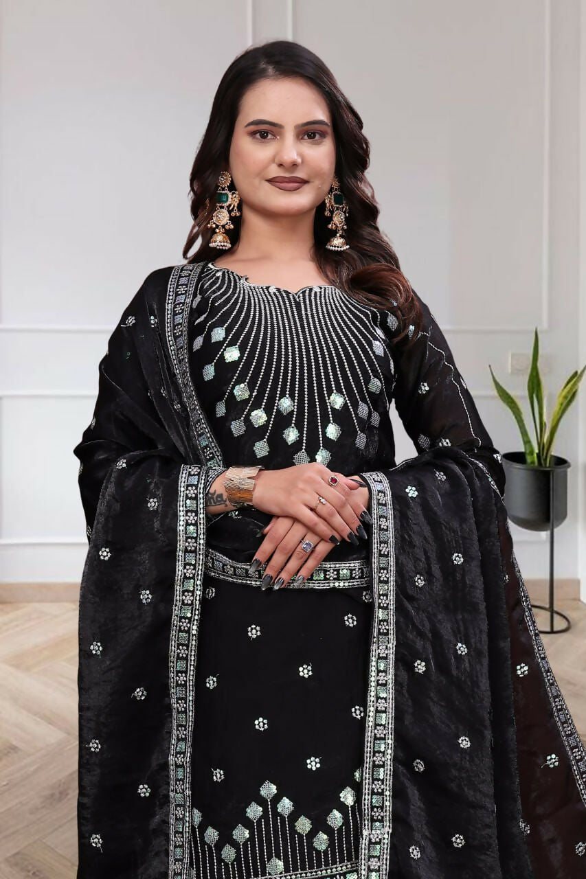 Teeya Creation Womens Trendy Black Silk Blend Embroidered Kurta And Sharara Suit Set With Dupatta | Grocsy
