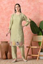 Joban Fashion Light Green Premium Pure Viscose Print Dola With Handwork Kurta Set | Grocsy