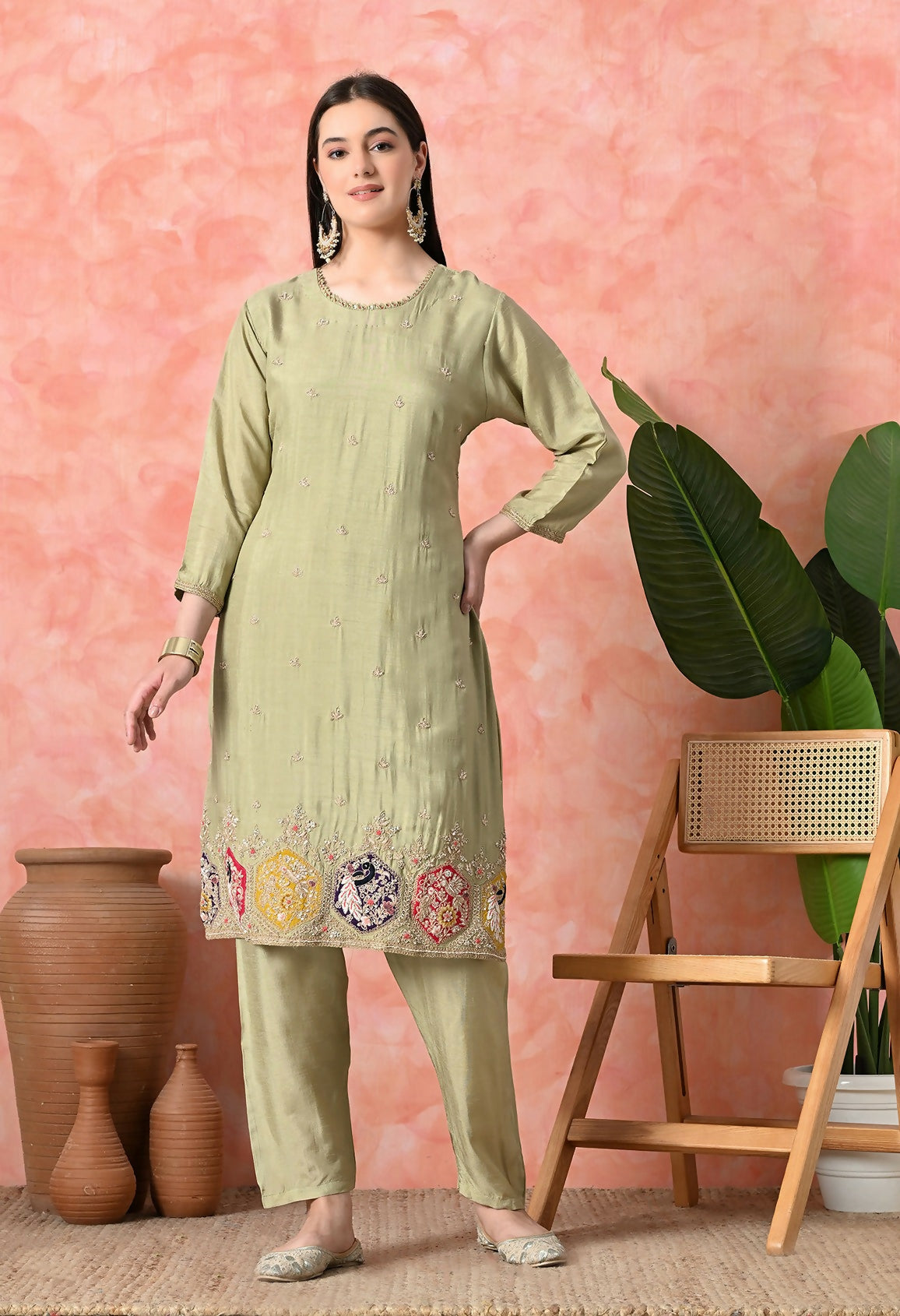 Joban Fashion Light Green Premium Pure Viscose Print Dola With Handwork Kurta Set | Grocsy
