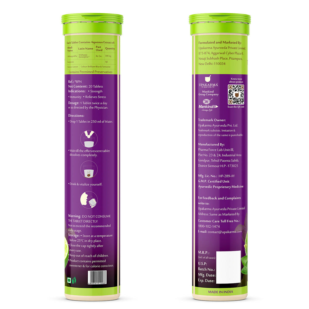 Upakarma Ayurveda Ashwagandha Effervescent Tablets - Lemon Flavour | Grocsy