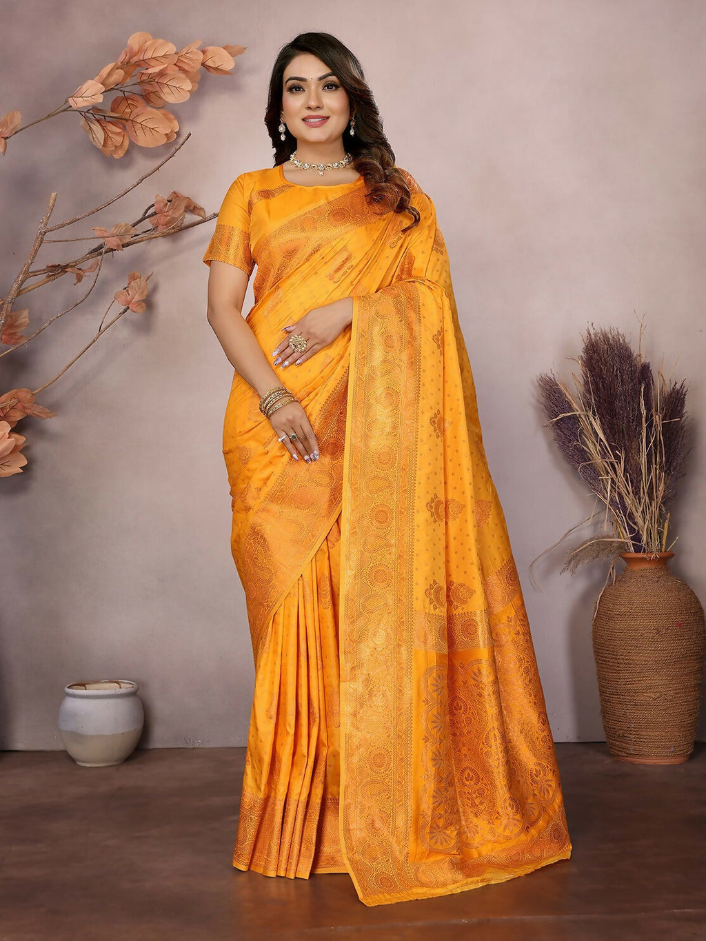 Joban Fashion Banarasi Orange Woven Soft Silk Saree | Grocsy