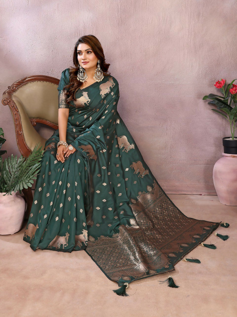 Anaita Dark Green Premium Banarasi Tissue Silk Saree With Gala Weaving Work | Grocsy