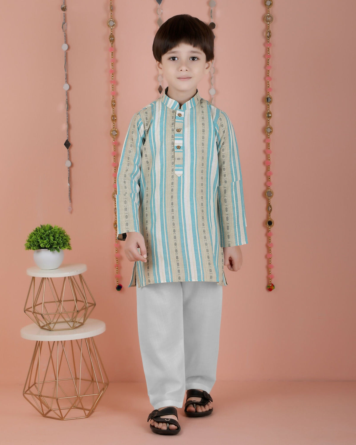 Joban Fashion Kids Island Cotton Full Sleeves Striped Kurta and Pyjama- Blue | Grocsy