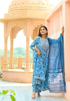 Yufta Women Blue Floral print Pure Cotton Anarkali Kurta with Trouser and Dupatta | Grocsy