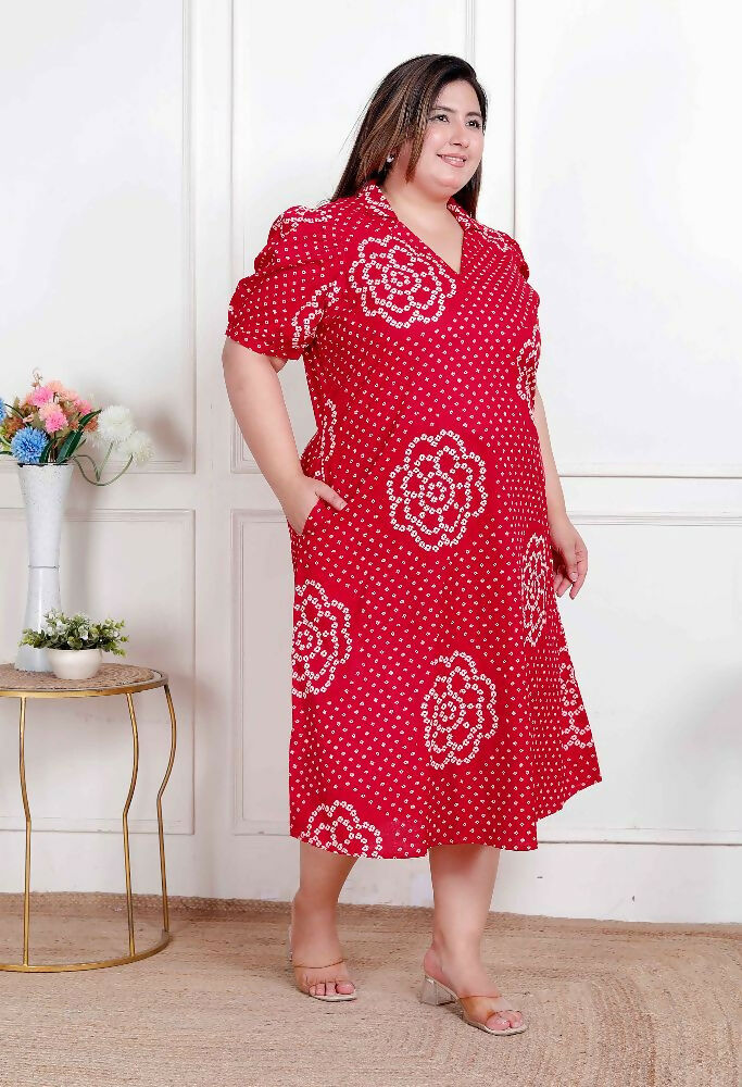 Miravan Plus Size Womens Red Bandhani Printed Collar Neck Maxi Dress | Grocsy
