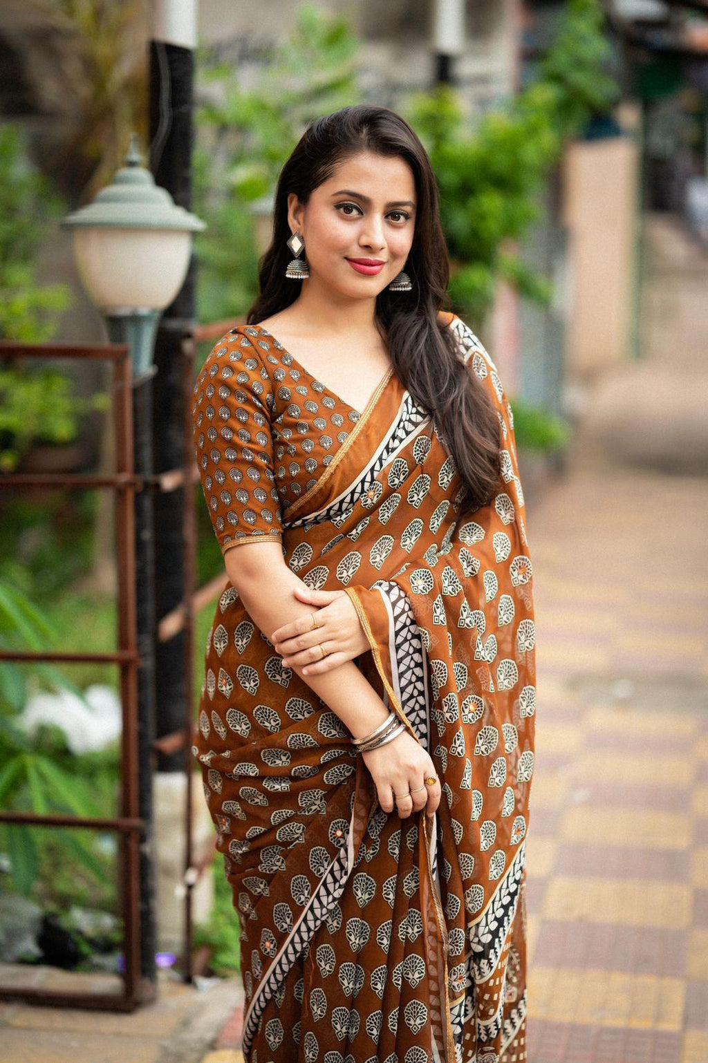 Mustard Poly Georgette Ajrak Saree with Unstitched Blouse - Hiral Fashion | Grocsy