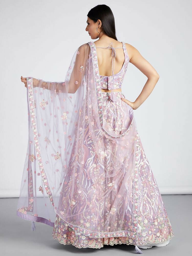 House of Panchhi Mauve Net Sequins And Thread Embroidery Lehenga Choli & Dupatta | Grocsy
