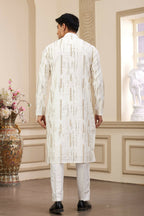 Raivat Ethnic Men's Art Silk Thread Work Kurta Pyjama In Cream Colour | Grocsy
