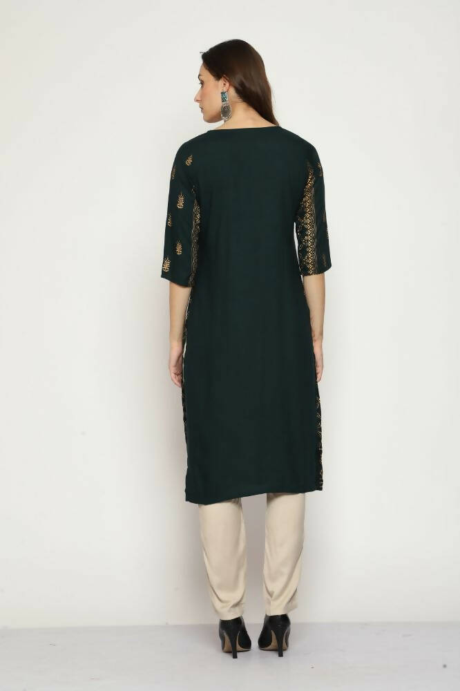 Maai Rayon Hand Printed Kurta Green | Grocsy