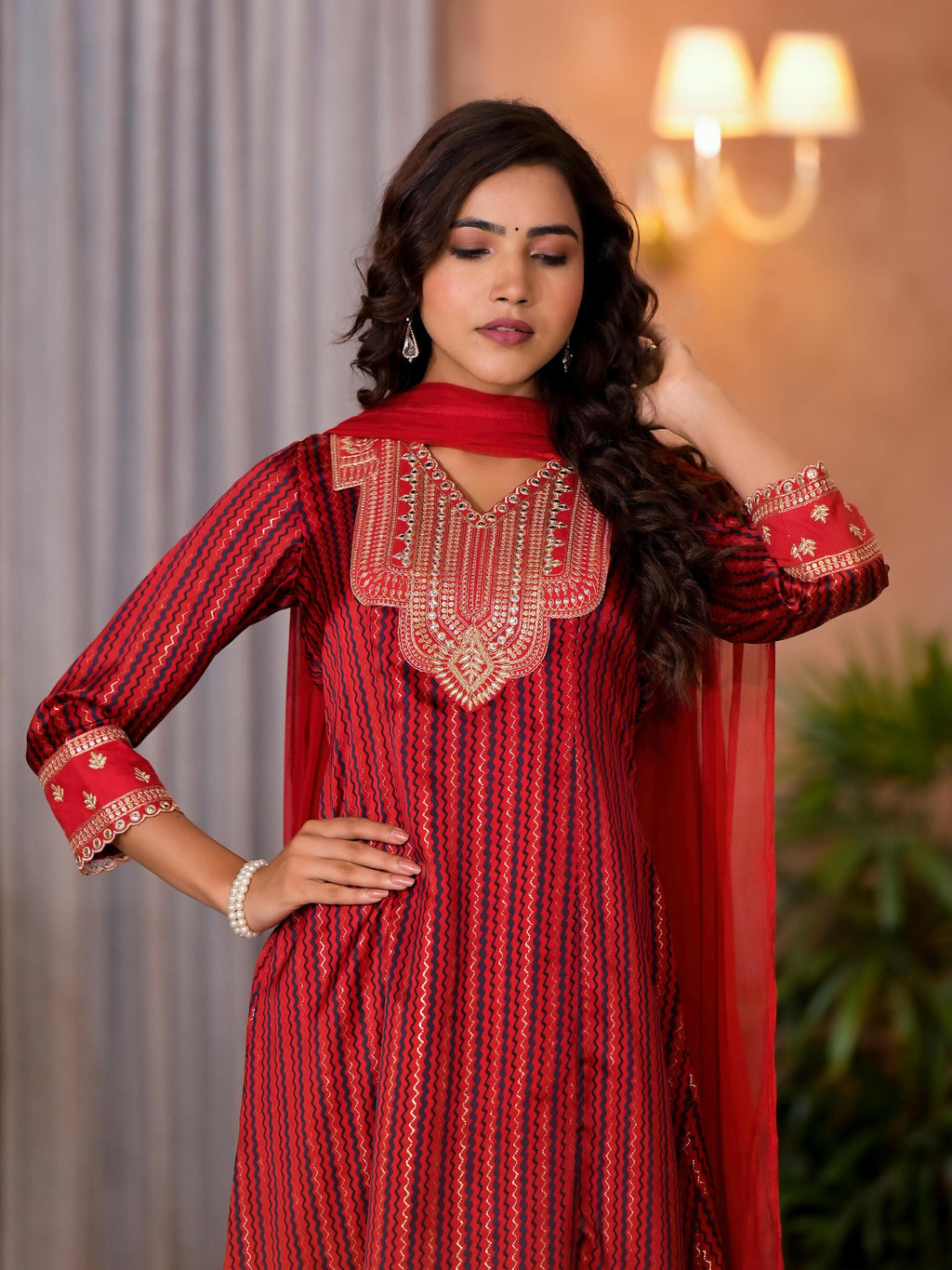 Juniper Women's Red Geometric Printed Satin Asymmetrical Kurta Pant And Dupatta Set With Zari & Mirror Work | Grocsy