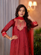 Juniper Women's Red Geometric Printed Satin Asymmetrical Kurta Pant And Dupatta Set With Zari & Mirror Work | Grocsy