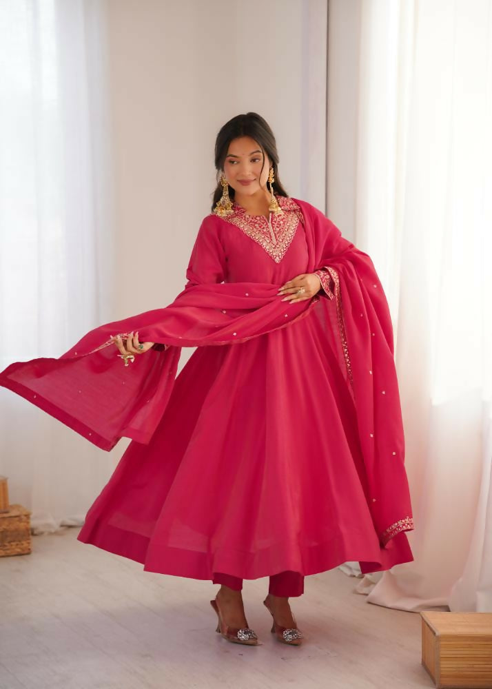 Lehenga Mart Designer Anarkali Suit With Kurta, Pant, Dupatta For Women-Rani Pink | Grocsy