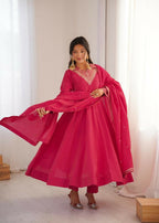 Lehenga Mart Designer Anarkali Suit With Kurta, Pant, Dupatta For Women-Rani Pink | Grocsy