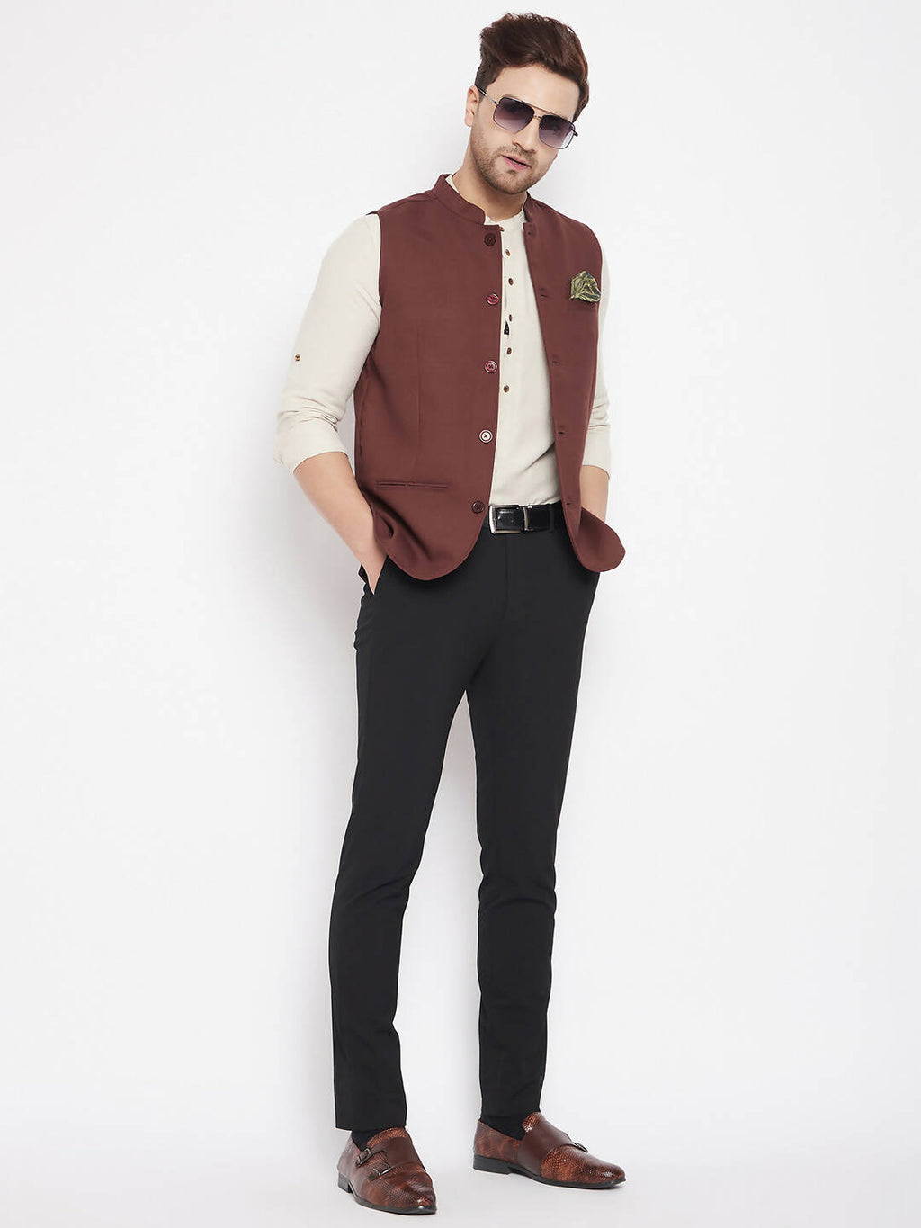 Even Apparels Maroon Merino Men Woven Nehru Jacket | Grocsy