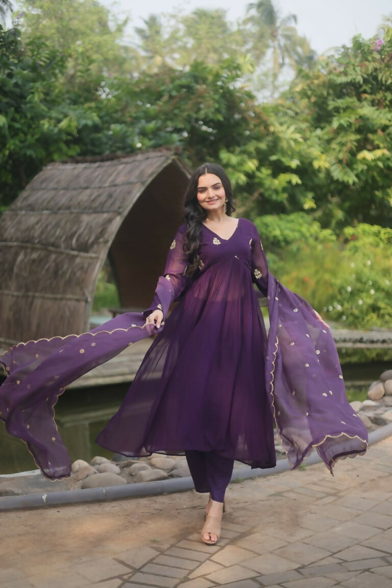 Jyoti Fashion Women's Wine Faux Blooming Embroidered Kurta with Trouser & Dupatta | Grocsy