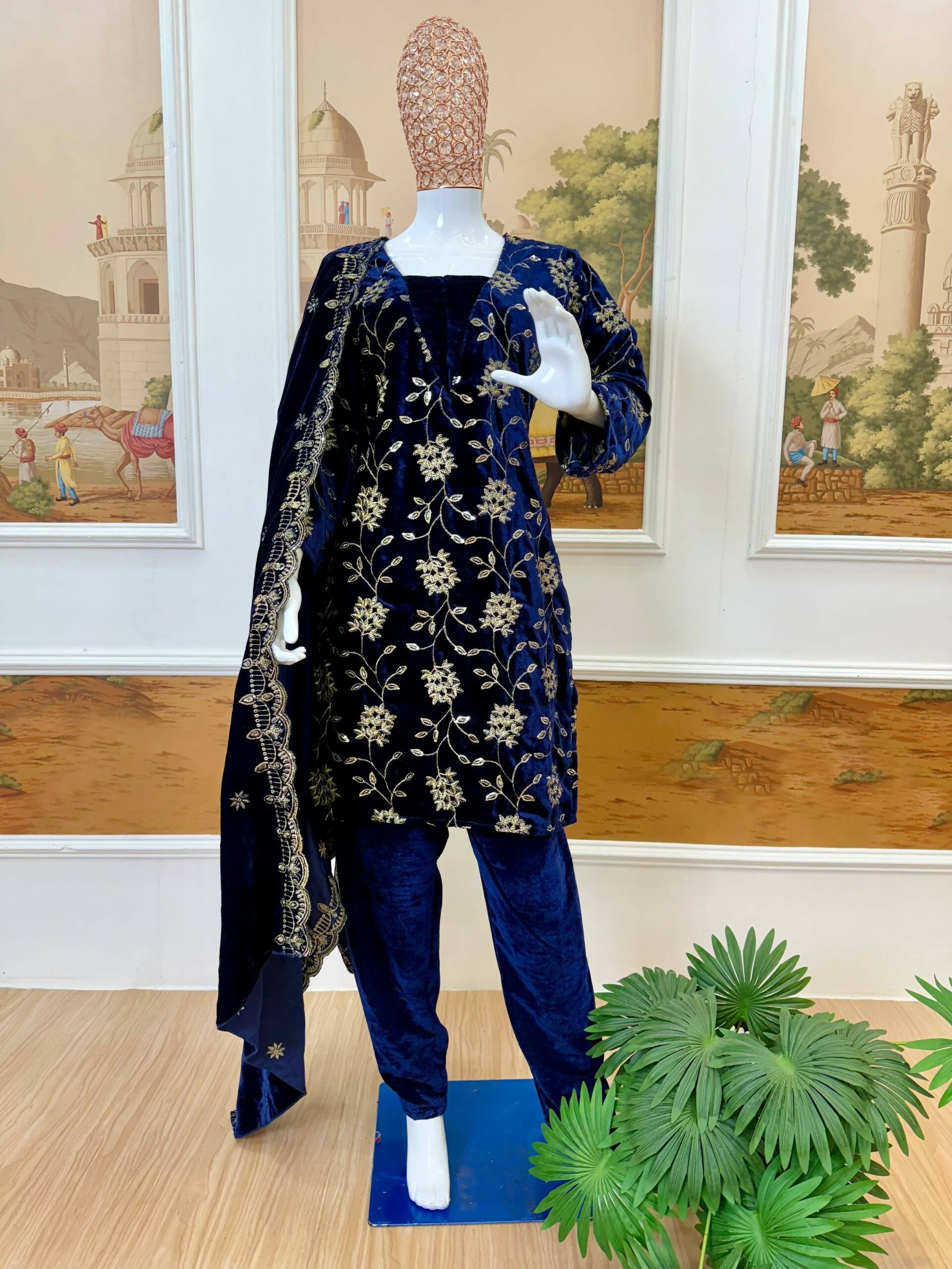 Vastranavya Blue Velvet Front Embroidery Work Kurta With Bottom & Dupatta | Grocsy